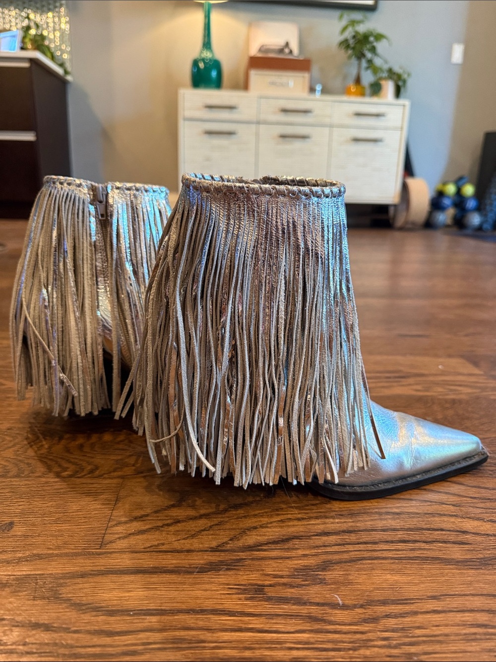 Jeffrey Campbell Metallic Silver Fringe Pointed-Toe Ankle Boots - Picture 2 of 2